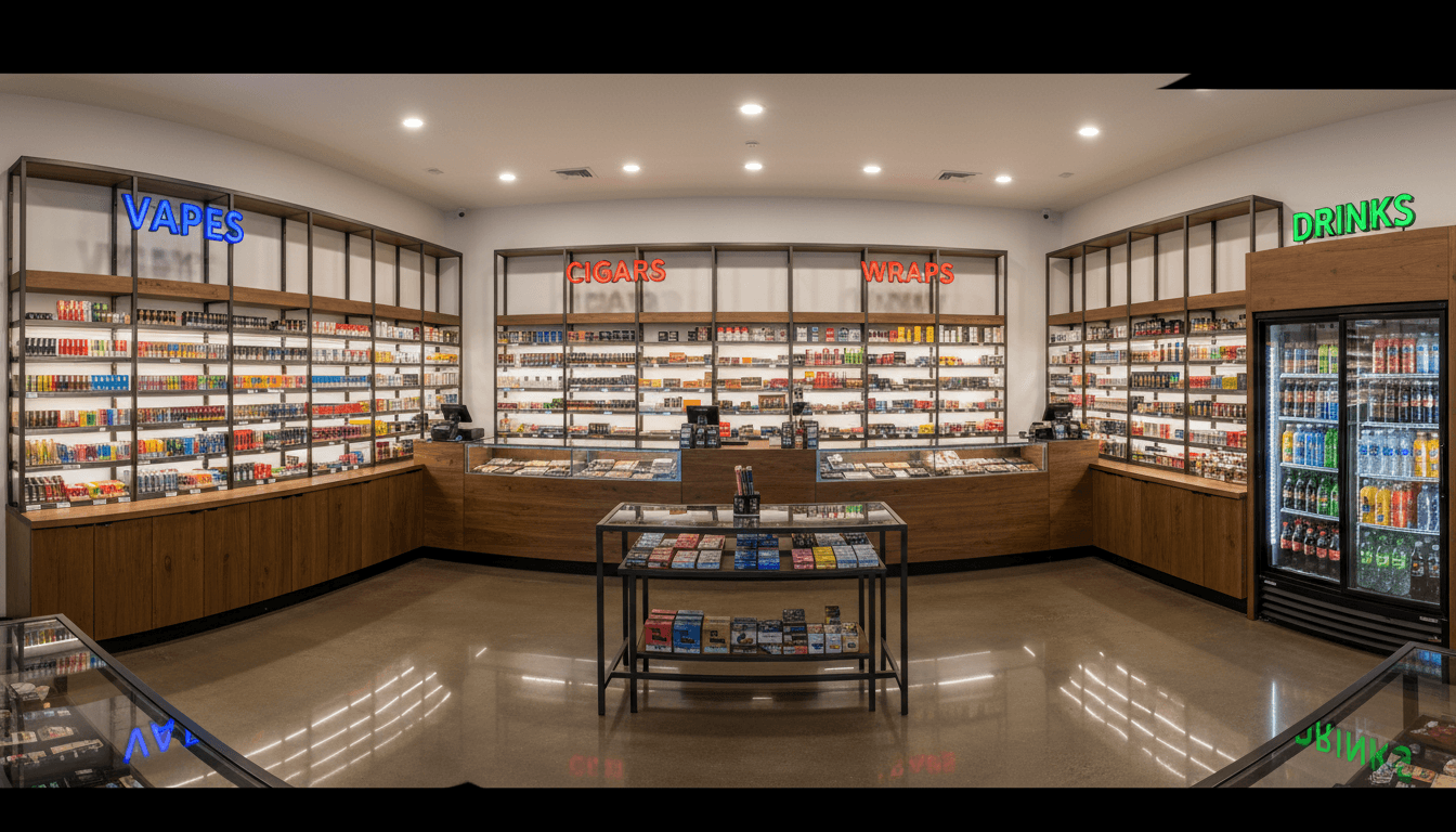 Smoke N Bites Smoke Shop interior with organized shelves and diverse product selection