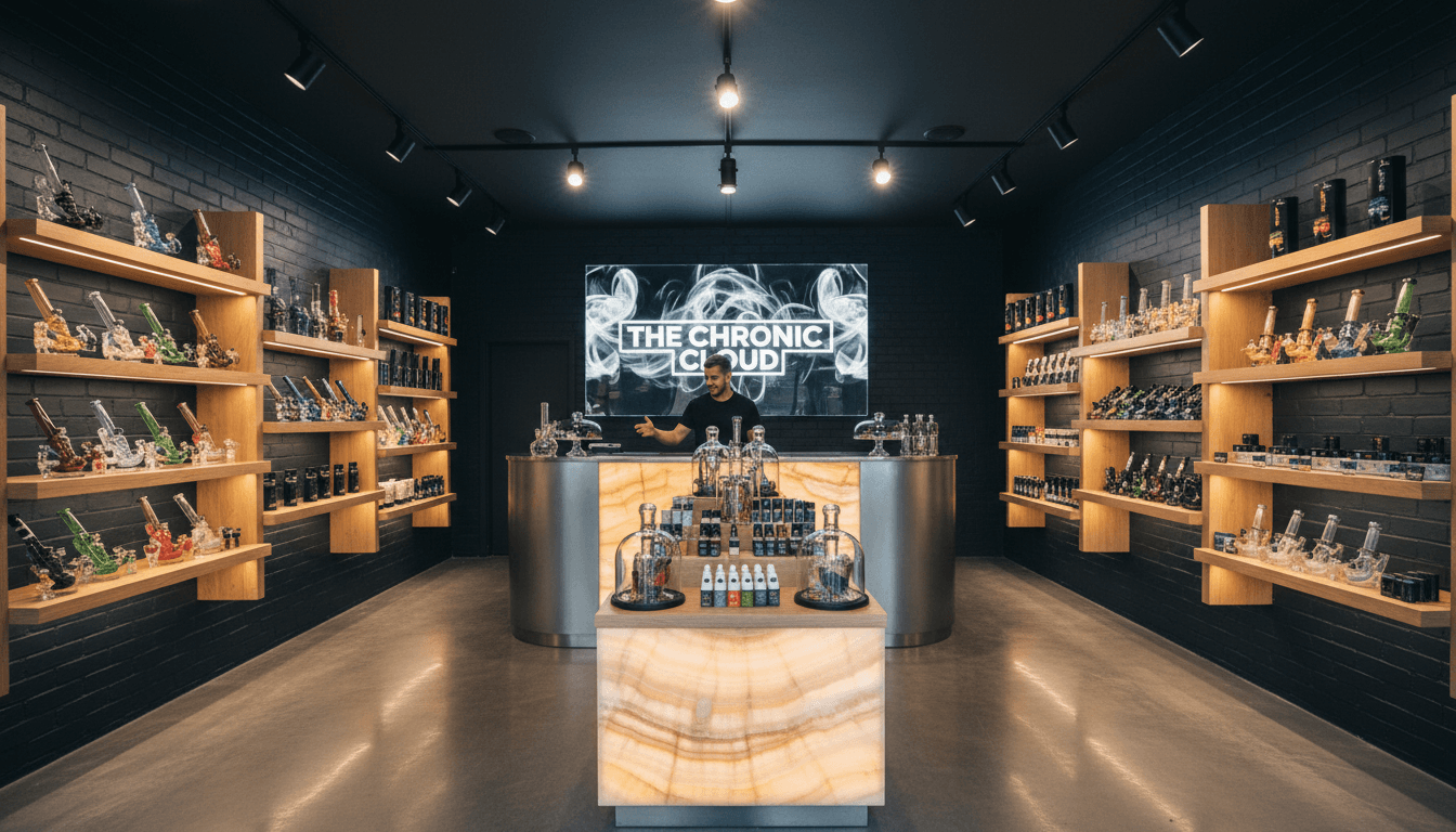 Organized smoke shop interior with vapes, cigars, and tobacco products neatly displayed on shelves