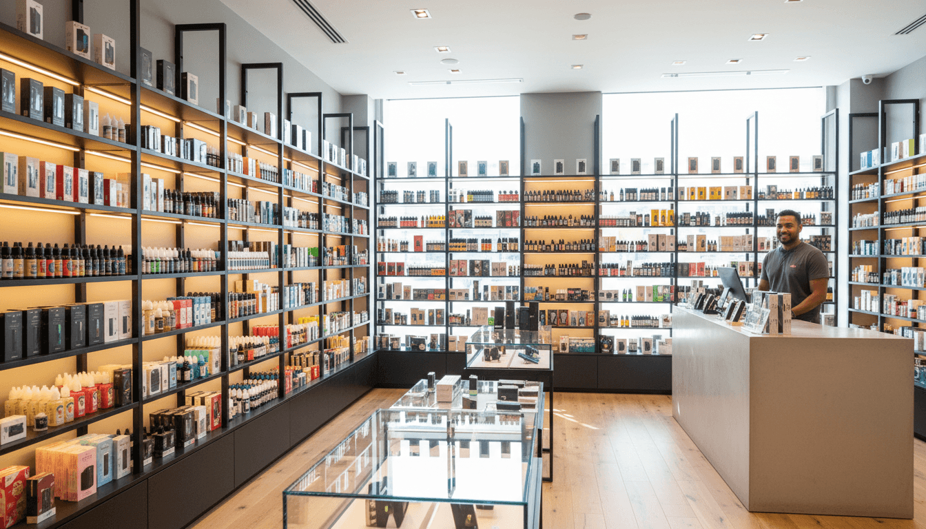 Professional retail display of vapes, cigars, and tobacco products on organized shelves